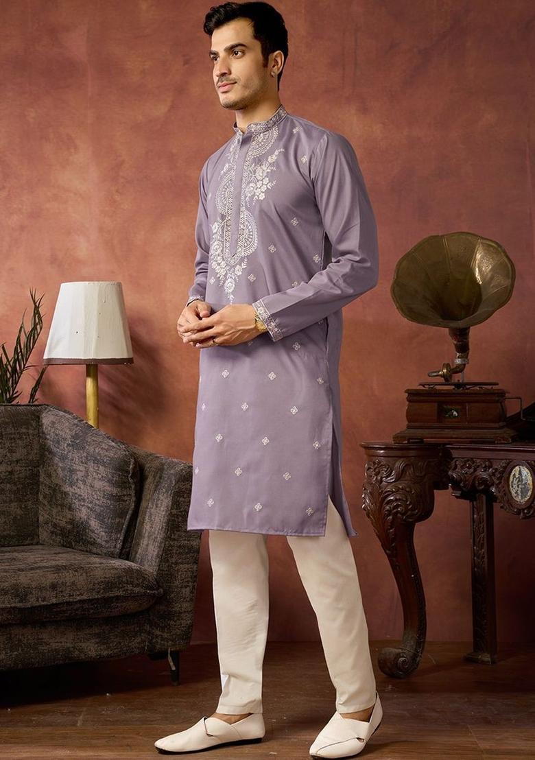 Purple Embroidered Silk Kurta Set For Men - Indya