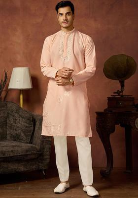 Peach Embroidered Cotton Kurta Set For Men