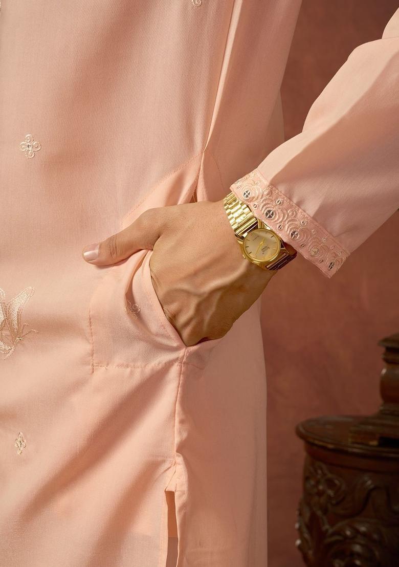 Peach Embroidered Cotton Kurta Set For Men - Indya