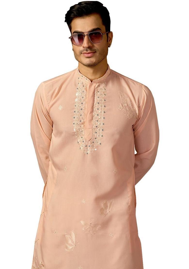 Peach Embroidered Cotton Kurta Set For Men - Indya