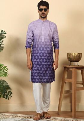 Purple Printed Cotton Kurta Set For Men