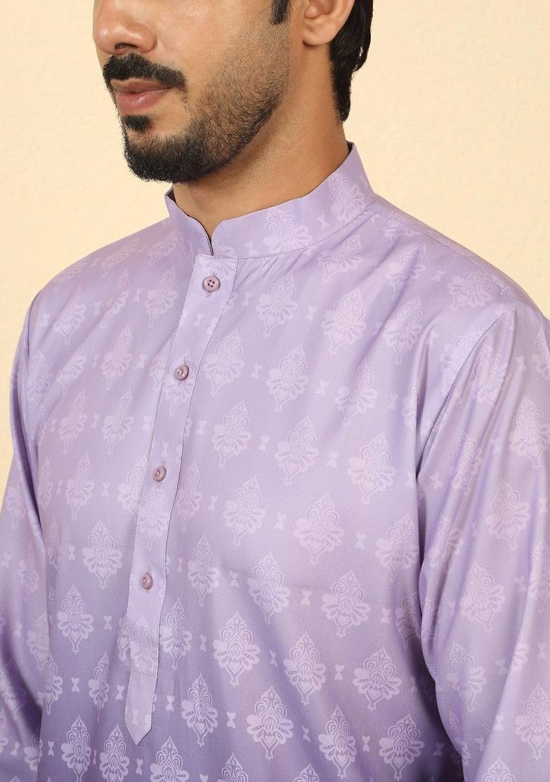 Purple Printed Cotton Kurta Set For Men - Indya