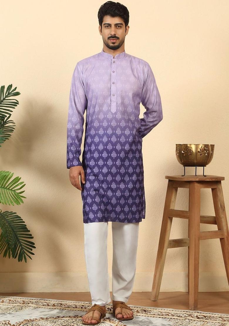 Purple Printed Cotton Kurta Set For Men - Indya