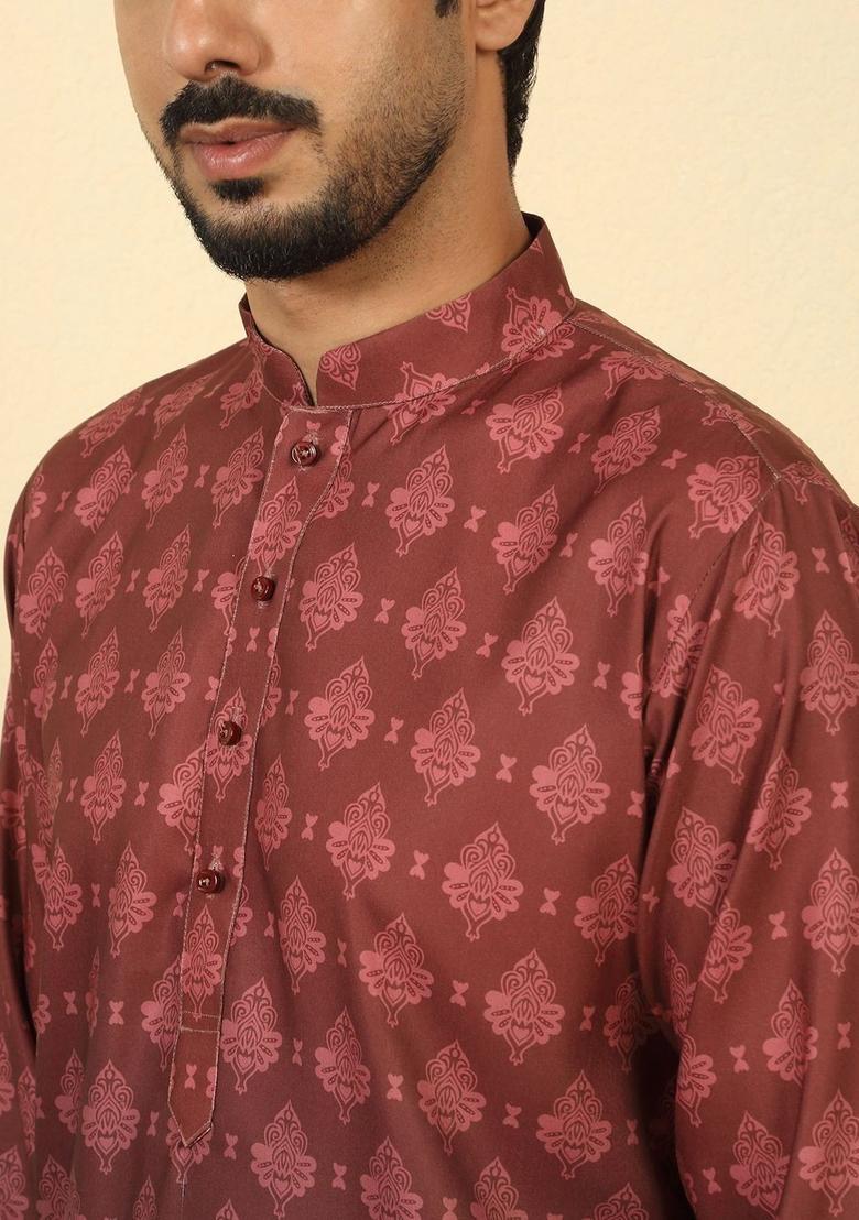 Maroon Printed Cotton Kurta Set For Men - Indya