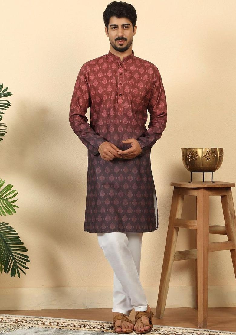 Maroon Printed Cotton Kurta Set For Men - Indya