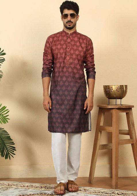 Maroon Printed Cotton Kurta Set For Men