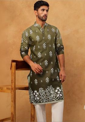 Olive Printed Cotton Kurta Set For Men