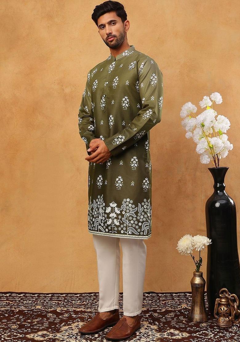 Olive Printed Cotton Kurta Set For Men - Indya