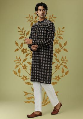 Black Printed Polyester Kurta Set For Men
