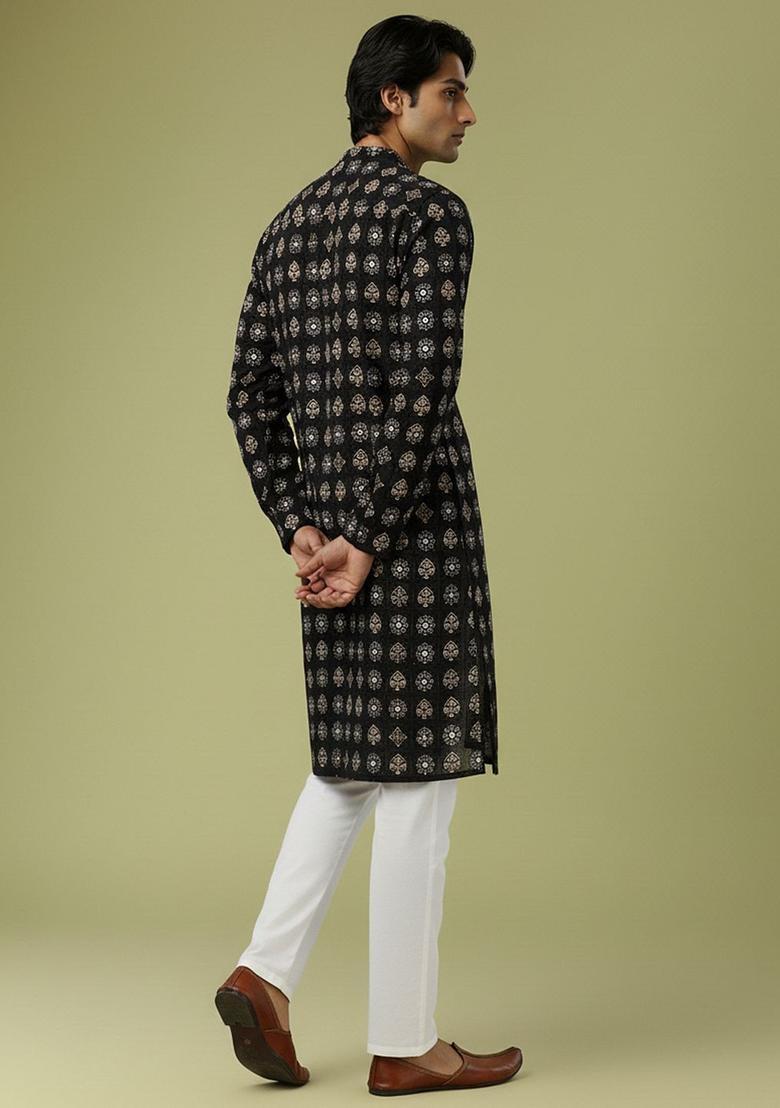 Black Printed Polyester Kurta Set For Men - Indya