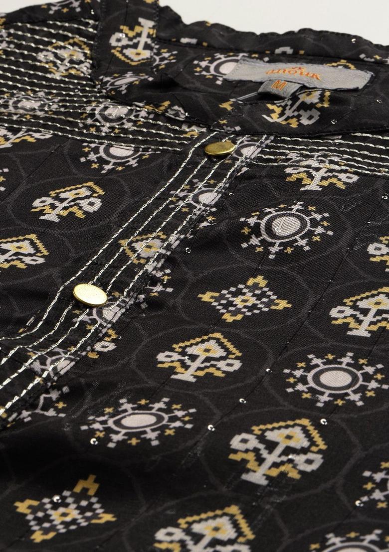 Black Printed Polyester Kurta Set For Men - Indya