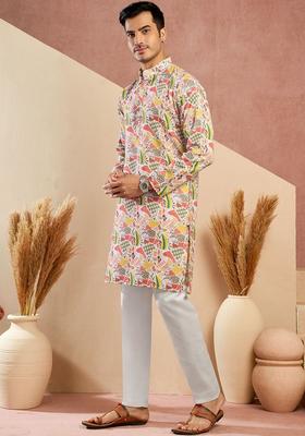 White Printed Silk Kurta Set For Men