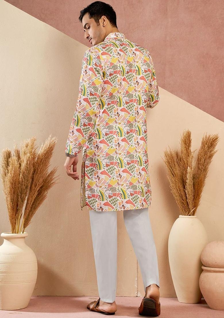 White Printed Silk Kurta Set For Men - Indya