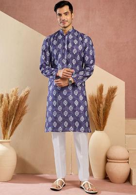 Purple Printed Cotton Kurta Set For Men