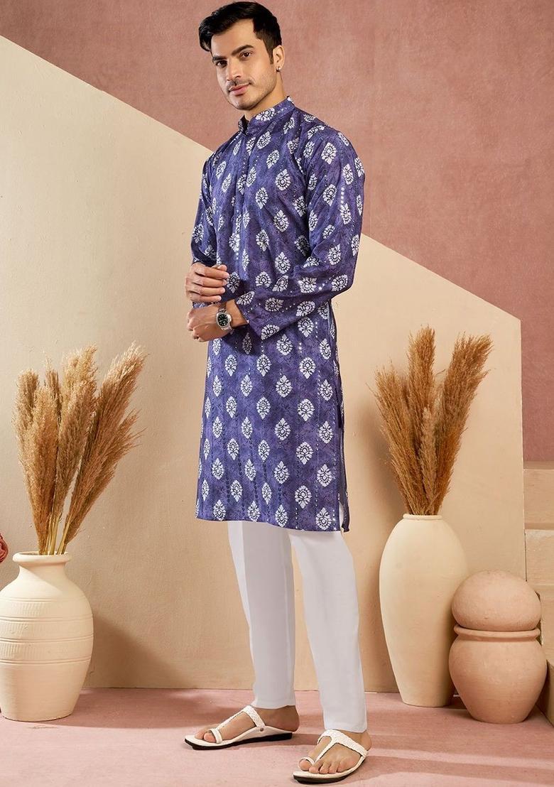 Purple Printed Cotton Kurta Set For Men - Indya