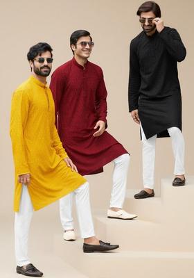 Yellow Self Design Cotton Kurta Set For Men