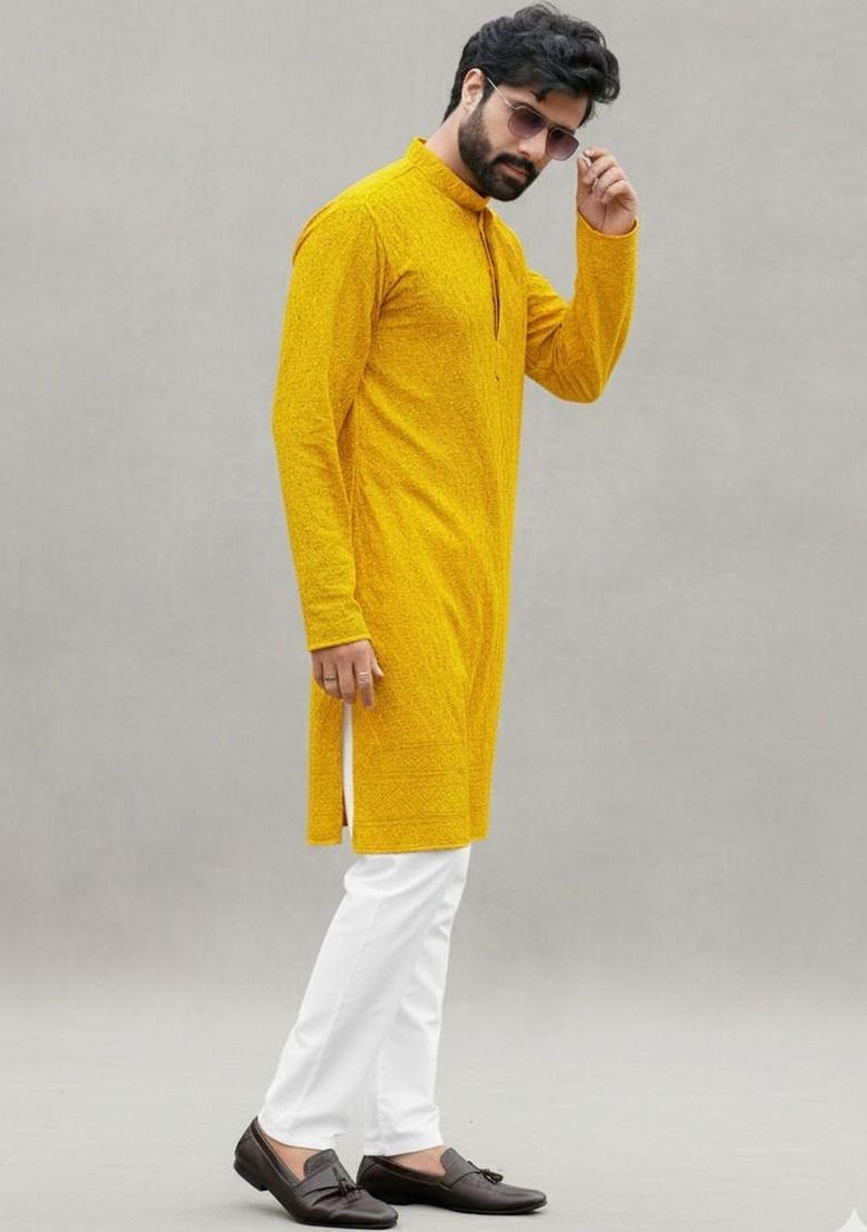 Yellow Self Design Cotton Kurta Set For Men - Indya