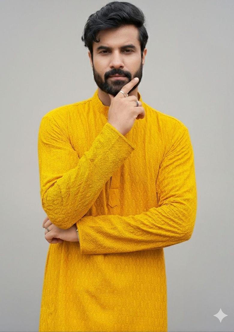Yellow Self Design Cotton Kurta Set For Men - Indya