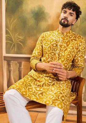 Yellow Printed Viscose Kurta Set For Men