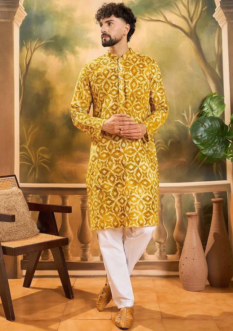 Yellow Printed Viscose Kurta Set For Men - Indya