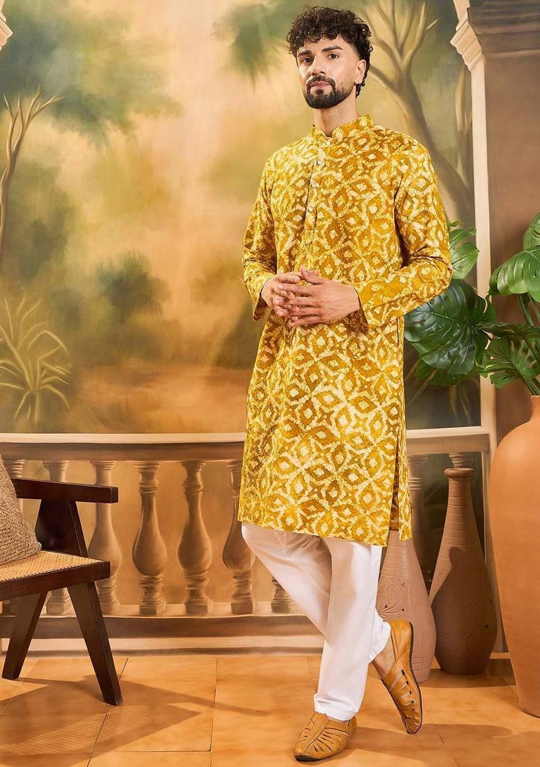 Yellow Printed Viscose Kurta Set For Men - Indya