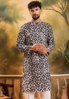 Black Printed Viscose Kurta Set For Men
