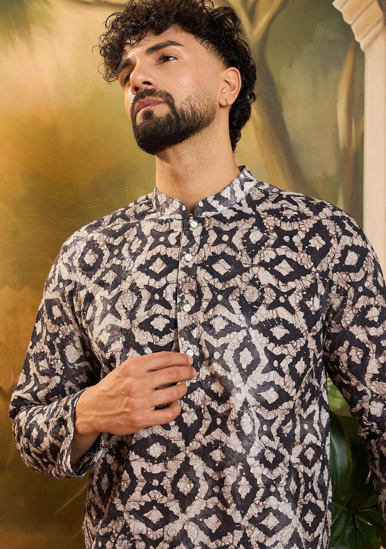 Black Printed Viscose Kurta Set For Men - Indya