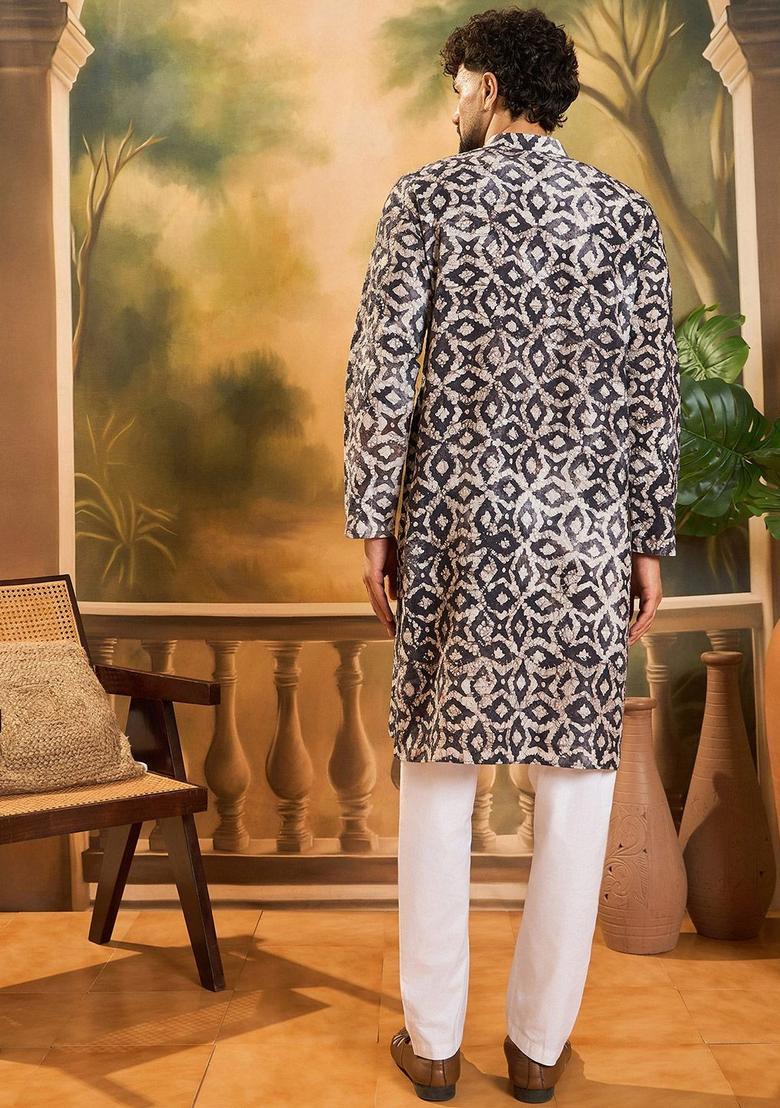 Black Printed Viscose Kurta Set For Men - Indya