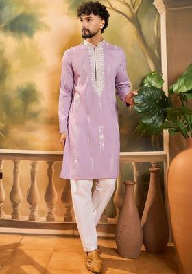 Purple Embroidered Silk Kurta Set For Men