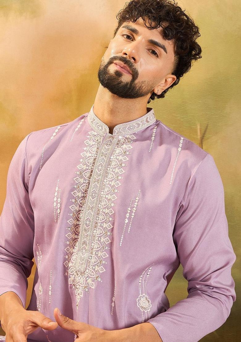 Purple Embroidered Silk Kurta Set For Men - Indya