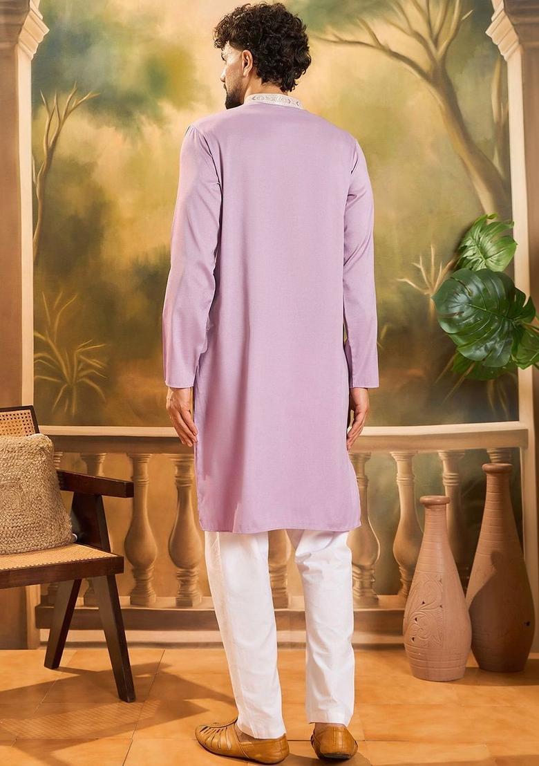 Purple Embroidered Silk Kurta Set For Men - Indya