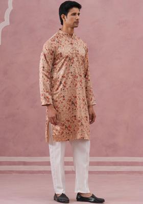 Beige Printed Silk Kurta Set For Men