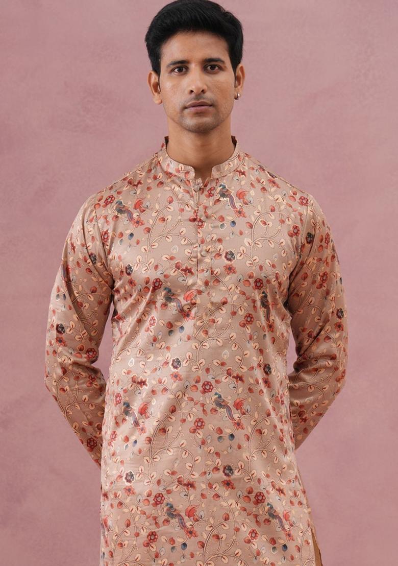 Beige Printed Silk Kurta Set For Men - Indya