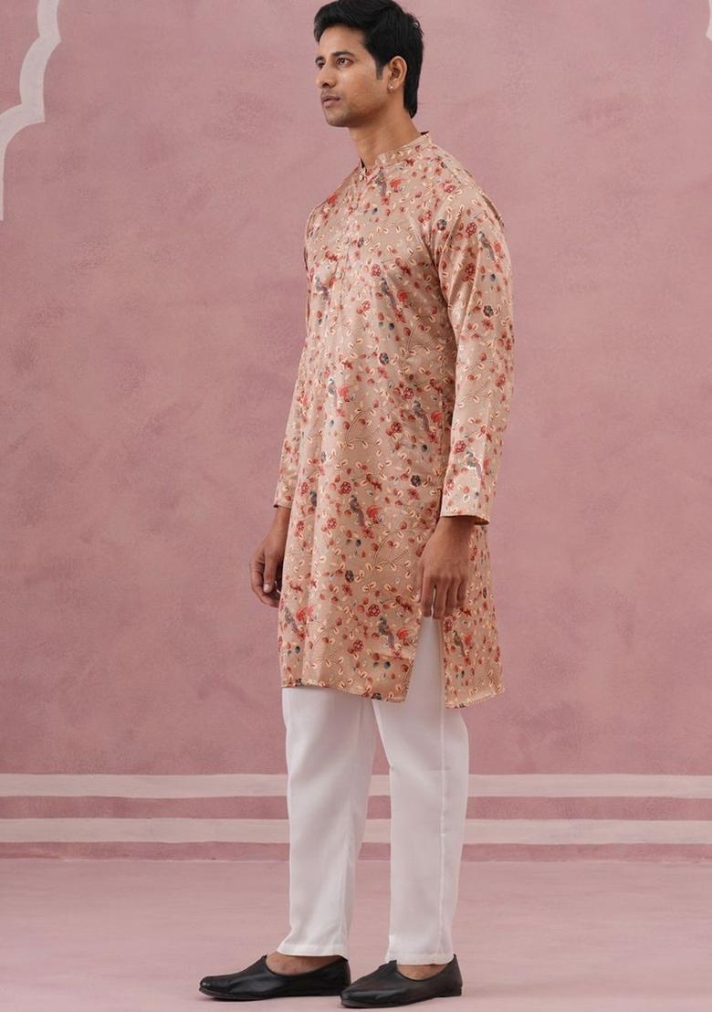 Beige Printed Silk Kurta Set For Men - Indya