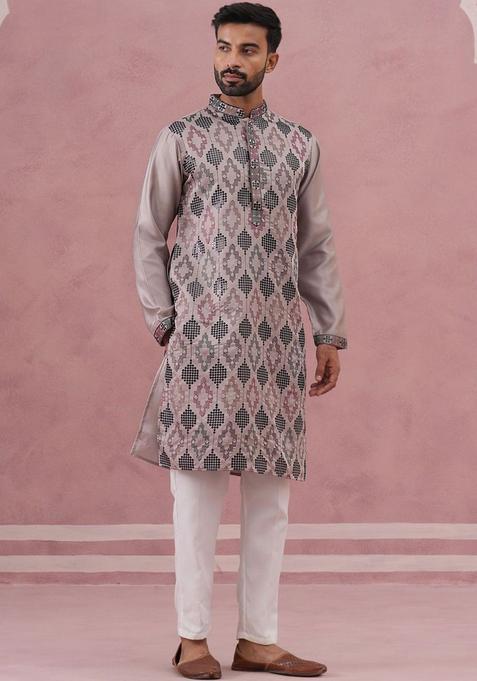 Grey Printed Silk Kurta Set For Men