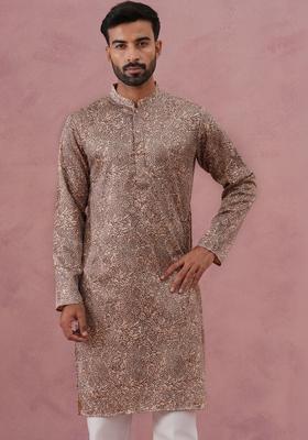 Peach Printed Silk Kurta Set For Men