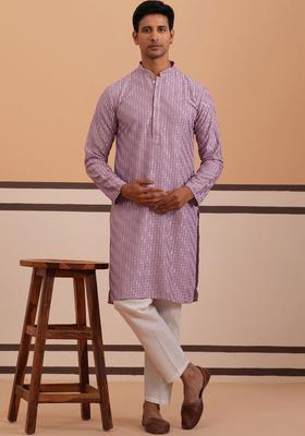 Purple Woven Design Viscose Kurta Set For Men