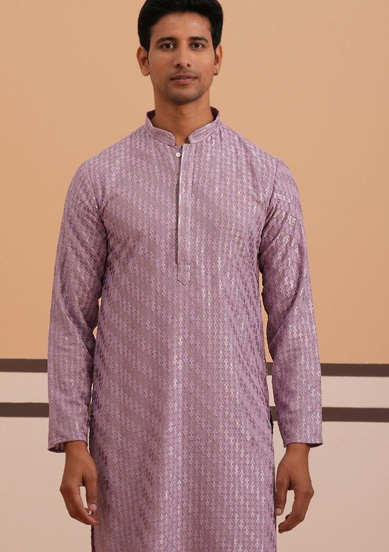 Purple Woven Design Viscose Kurta Set For Men - Indya