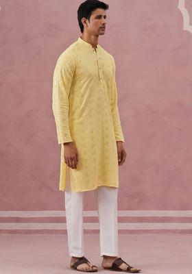 Yellow Embroidered Viscose Kurta Set For Men