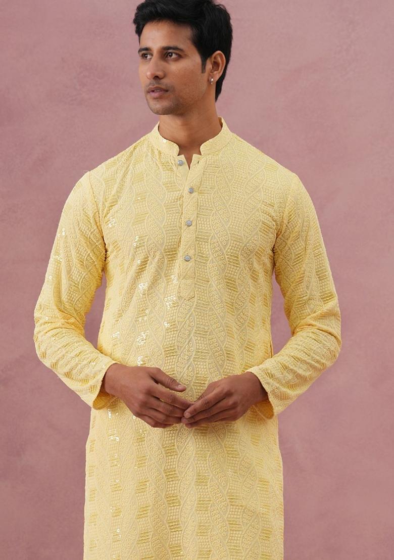 Yellow Embroidered Viscose Kurta Set For Men - Indya