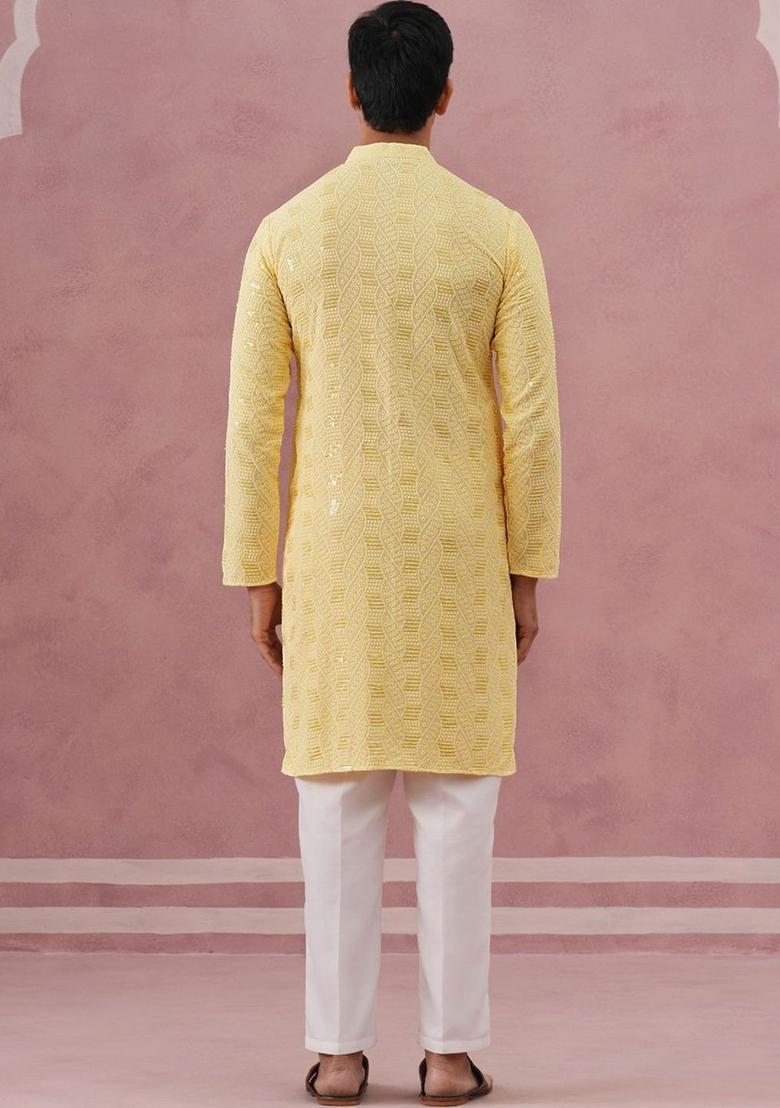 Yellow Embroidered Viscose Kurta Set For Men - Indya