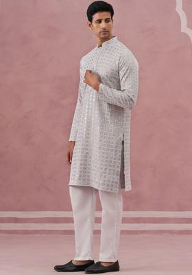 Grey Embroidered Viscose Kurta Set For Men