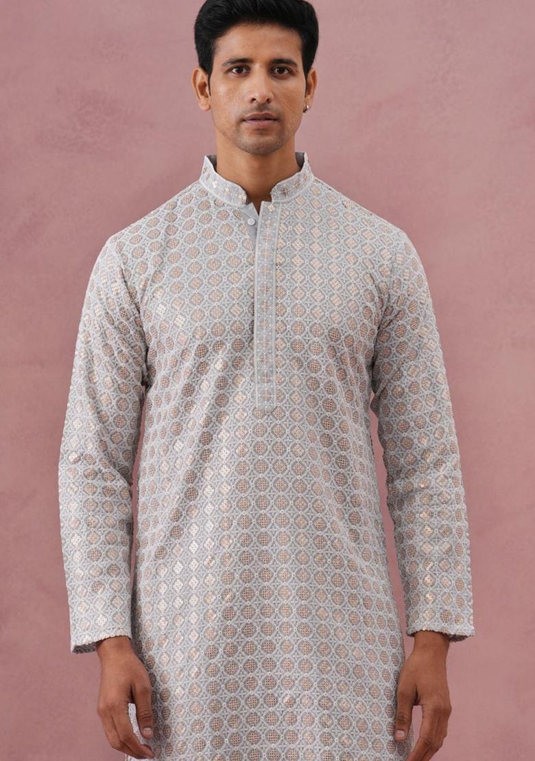 Grey Embroidered Viscose Kurta Set For Men - Indya
