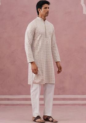 White Embroidered Viscose Kurta Set For Men
