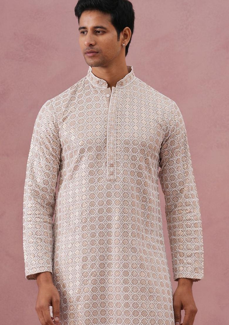 White Embroidered Viscose Kurta Set For Men - Indya