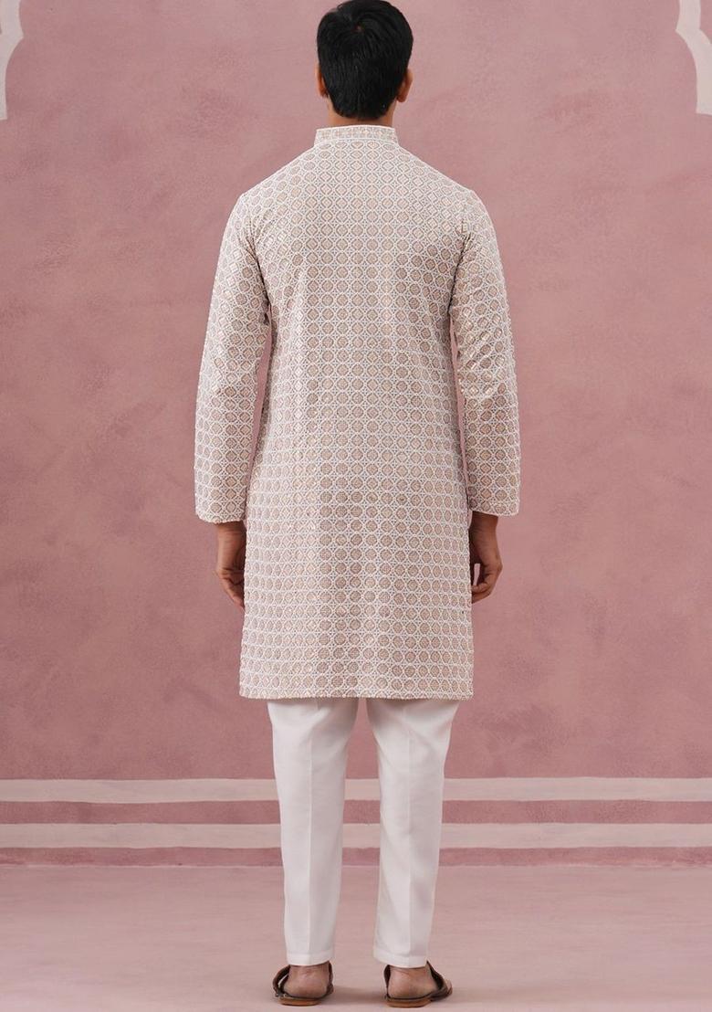 White Embroidered Viscose Kurta Set For Men - Indya