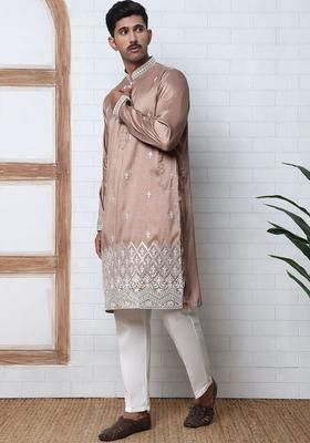 Brown Embroidered Silk Kurta Set For Men