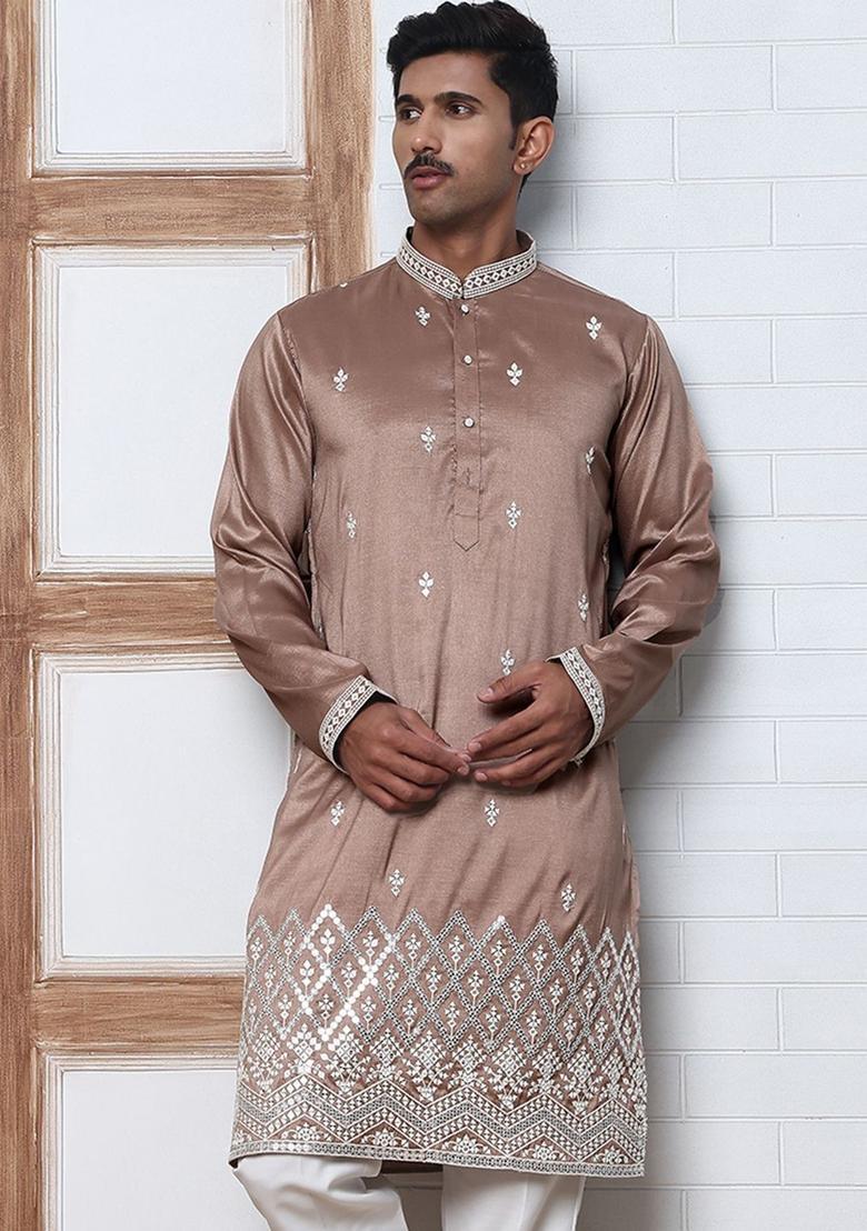 Brown Embroidered Silk Kurta Set For Men - Indya