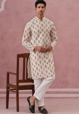 White Printed Silk Kurta Set For Men