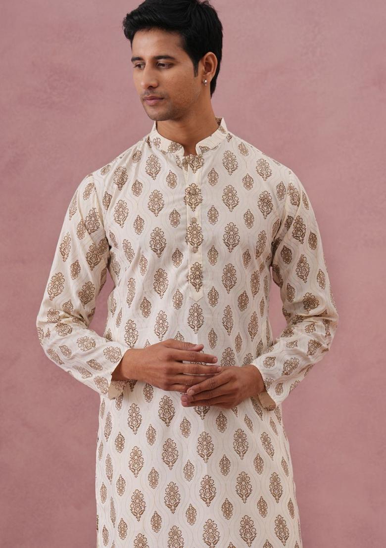 White Printed Silk Kurta Set For Men - Indya